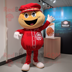 Red Lasagna mascot costume character dressed with a Baseball Tee and Berets