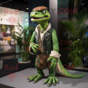 Green Deinonychus mascot costume character dressed with a Chinos and Keychains