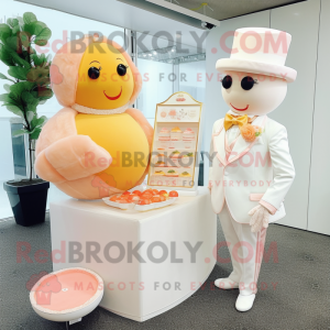 Peach Candy Box mascot costume character dressed with a Wedding Dress and Cufflinks