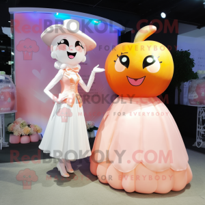 Peach Candy Box mascot costume character dressed with a Wedding Dress and Cufflinks