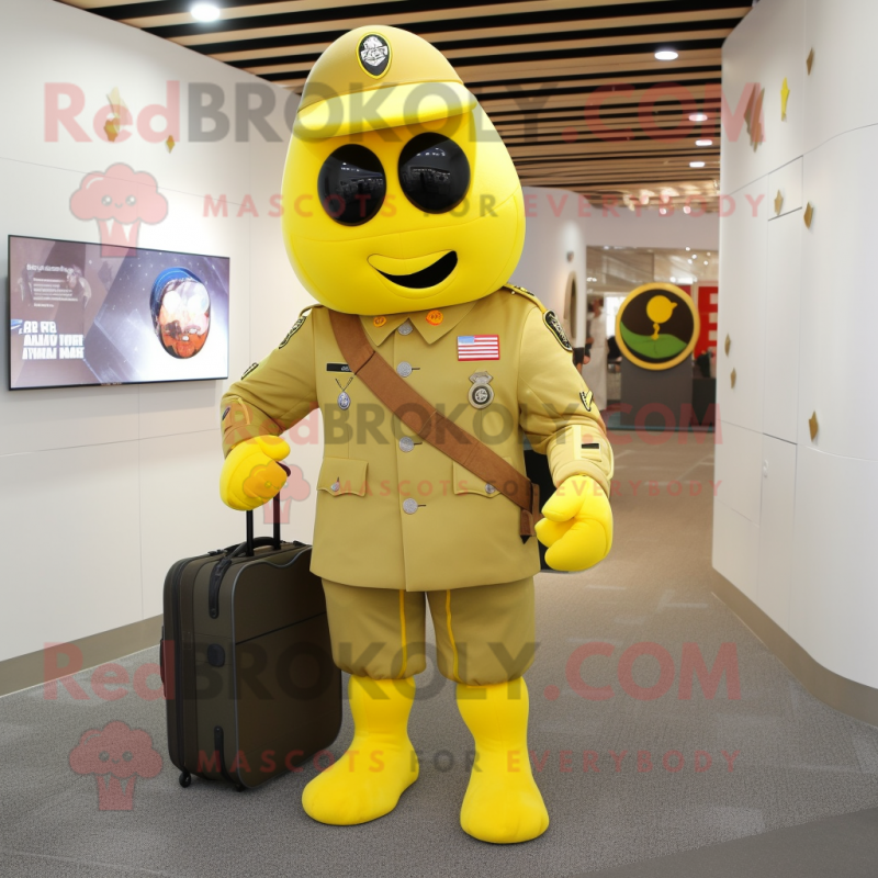 Lemon Yellow American Soldier mascot costume character dressed with a Coat and Briefcases