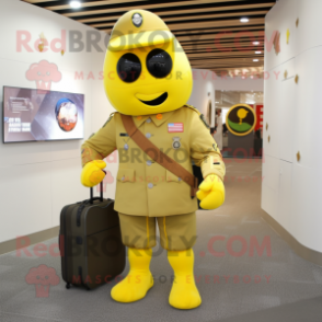 Lemon Yellow American Soldier mascot costume character dressed with a Coat and Briefcases