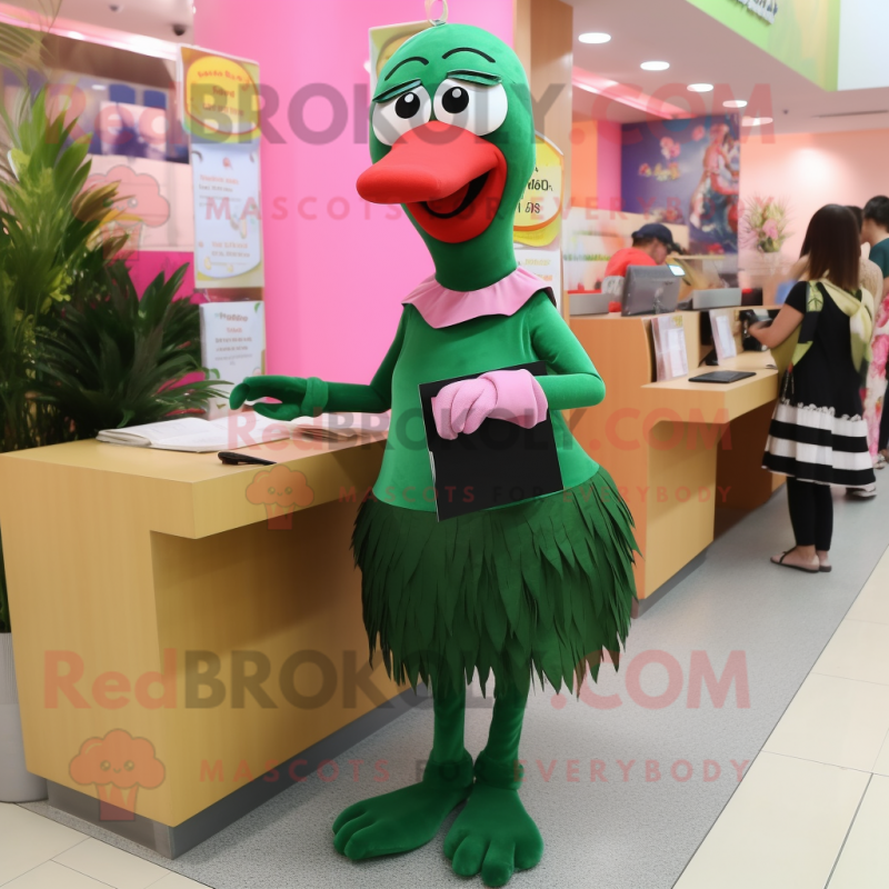 Forest Green Flamingo mascot costume character dressed with a Pencil Skirt and Mittens