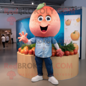 Peach Meatballs mascot costume character dressed with a Denim Shirt and Anklets