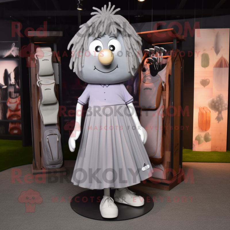 Gray Golf Bag mascot costume character dressed with a Pleated Skirt and Lapel pins