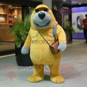 Gold Walrus mascot costume character dressed with a Jeans and Keychains