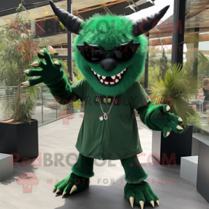 Forest Green Devil mascot costume character dressed with a Blouse and Sunglasses