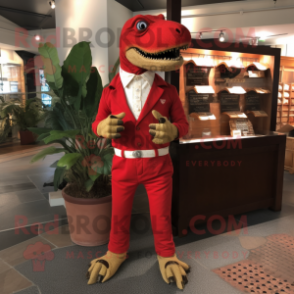 Red Allosaurus mascot costume character dressed with a Corduroy Pants and Cufflinks