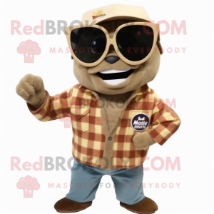 Tan Tuna mascot costume character dressed with a Flannel Shirt and Sunglasses