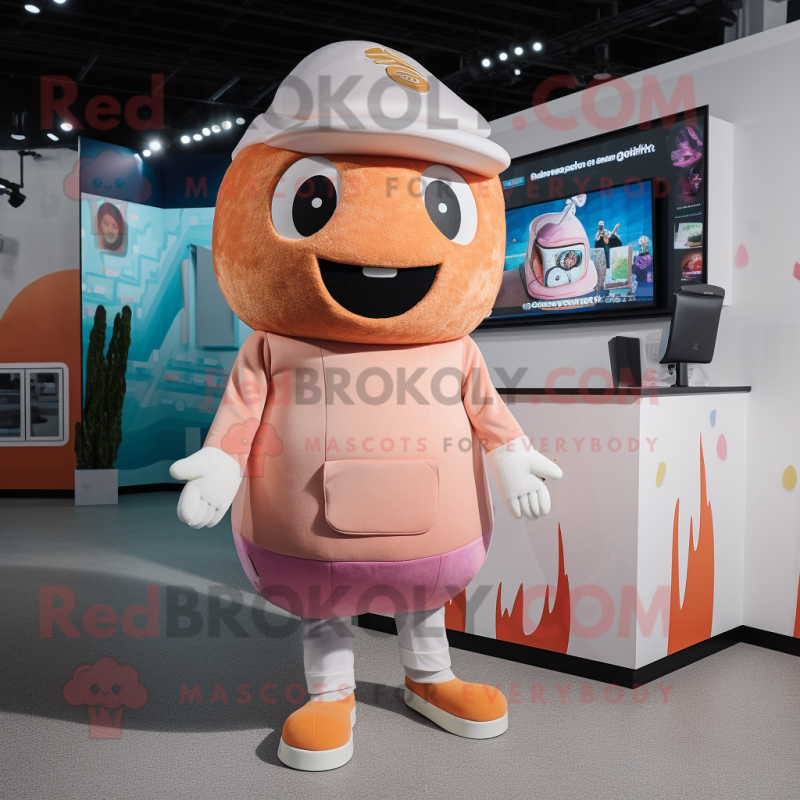 Peach Moussaka mascot costume character dressed with a Romper and Beanies