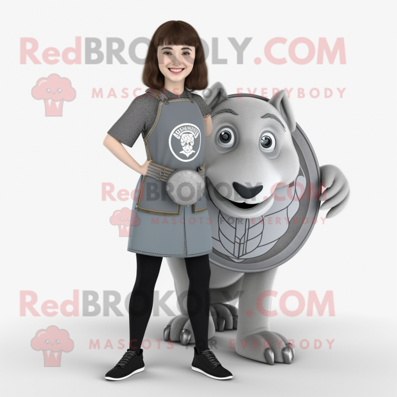 Gray Celtic Shield mascot costume character dressed with a Blouse and Foot pads