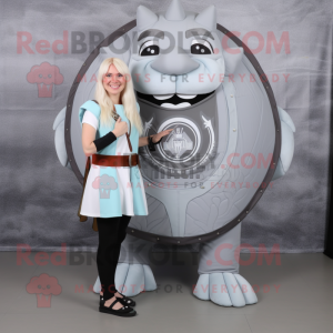 Gray Celtic Shield mascot costume character dressed with a Blouse and Foot pads