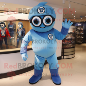 Sky Blue Cyclops mascot costume character dressed with a Mom Jeans and Belts