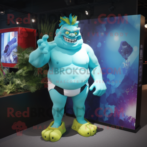 Cyan Ogre mascot costume character dressed with a Swimwear and Brooches