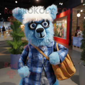 Blue Alpaca mascot costume character dressed with a Flannel Shirt and Handbags