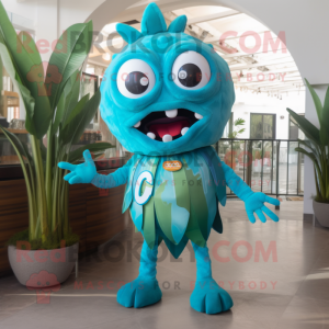 Cyan Ceviche mascot costume character dressed with a Tank Top and Brooches