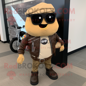 Tan Pizza Slice mascot costume character dressed with a Biker Jacket and Backpacks