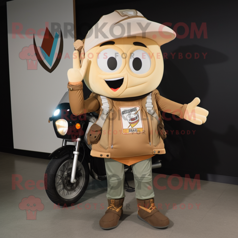 Tan Pizza Slice mascot costume character dressed with a Biker Jacket and Backpacks
