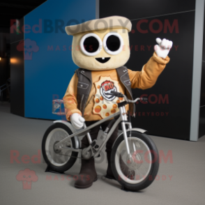 Tan Pizza Slice mascot costume character dressed with a Biker Jacket and Backpacks