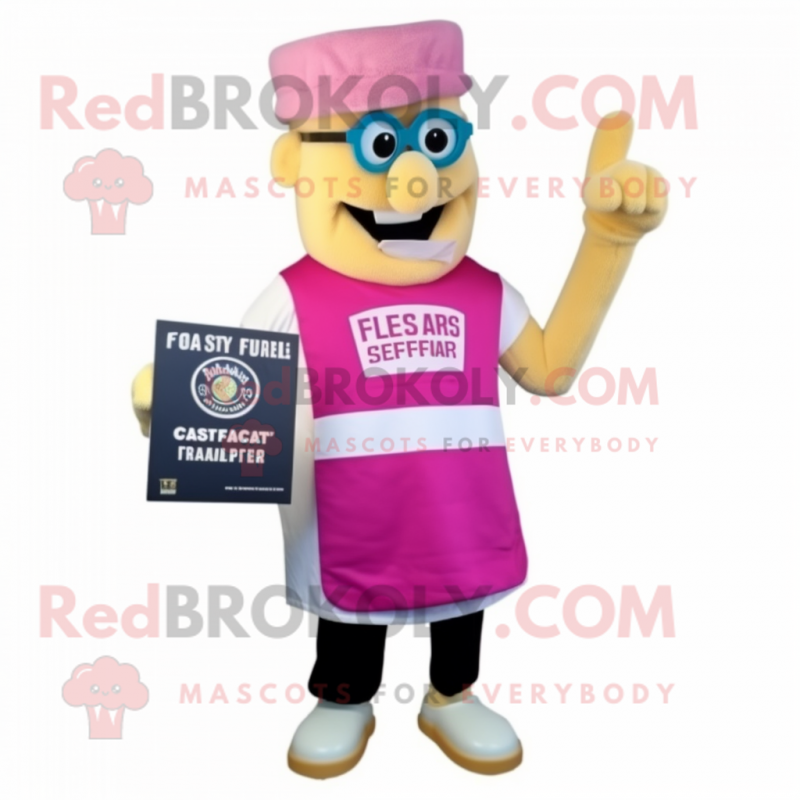 Pink Caesar Salad mascot costume character dressed with a Vest and Reading glasses