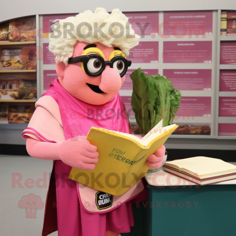 Pink Caesar Salad mascot costume character dressed with a Vest and Reading glasses