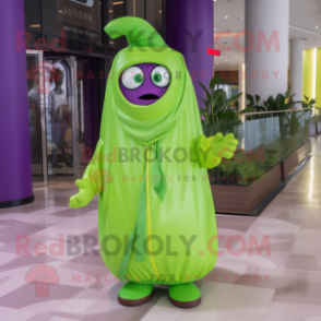 Lime Green Eggplant mascot costume character dressed with a Raincoat and Cummerbunds