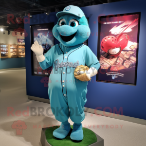 Cyan Baseball Glove mascot costume character dressed with a Sheath Dress and Necklaces