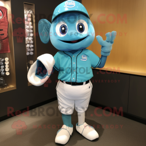 Cyan Baseball Glove mascot costume character dressed with a Sheath Dress and Necklaces