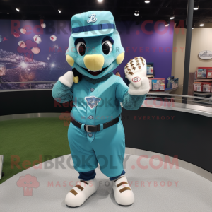 Cyan Baseball Glove mascot costume character dressed with a Sheath Dress and Necklaces