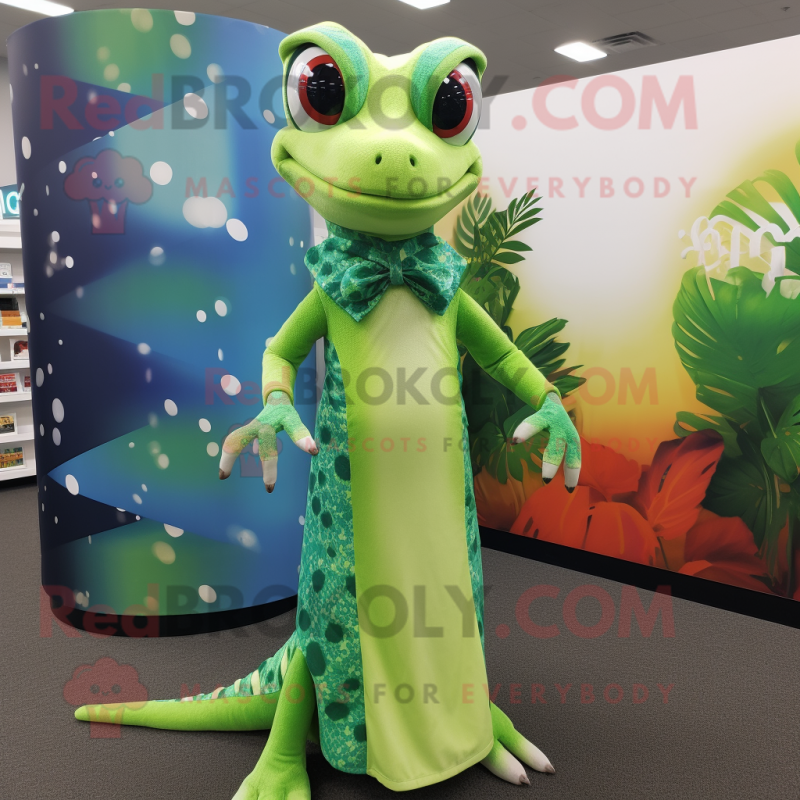 Green Geckos mascot costume character dressed with a Maxi Dress and Ties