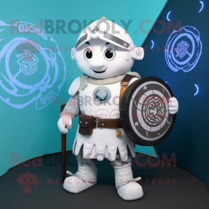 White Celtic Shield mascot costume character dressed with a Playsuit and Backpacks