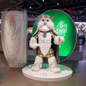 White Celtic Shield mascot costume character dressed with a Playsuit and Backpacks