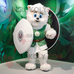 White Celtic Shield mascot costume character dressed with a Playsuit and Backpacks
