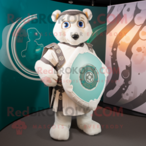 White Celtic Shield mascot costume character dressed with a Playsuit and Backpacks