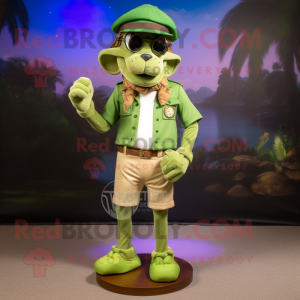 Olive Leprechaun mascot costume character dressed with a Bermuda Shorts and Bracelets