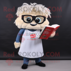 White Ramen mascot costume character dressed with a Bootcut Jeans and Reading glasses