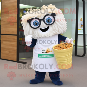 White Ramen mascot costume character dressed with a Bootcut Jeans and Reading glasses