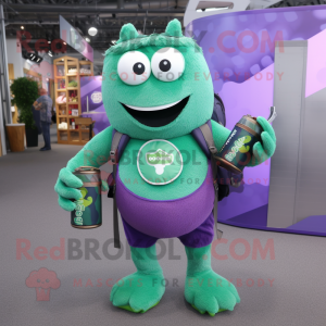 Purple Green Beer mascot costume character dressed with a Playsuit and Backpacks