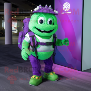 Purple Green Beer mascot costume character dressed with a Playsuit and Backpacks