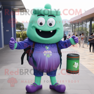 Purple Green Beer mascot costume character dressed with a Playsuit and Backpacks