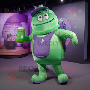 Purple Green Beer mascot costume character dressed with a Playsuit and Backpacks