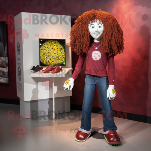 Maroon Irish Dancing Shoes mascot costume character dressed with a Boyfriend Jeans and Coin purses