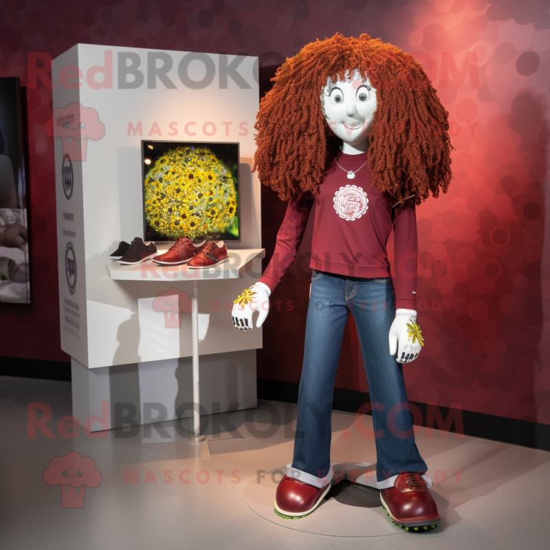 Maroon Irish Dancing Shoes mascot costume character dressed with a Boyfriend Jeans and Coin purses