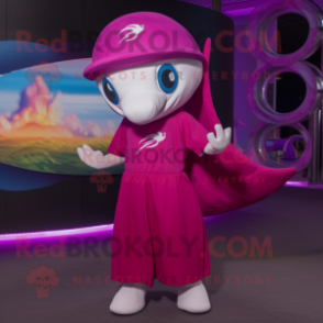 Magenta Dolphin mascot costume character dressed with a Maxi Skirt and Caps