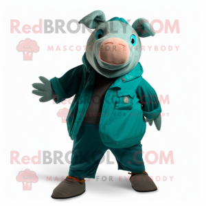 Teal Pig maskot kostume...