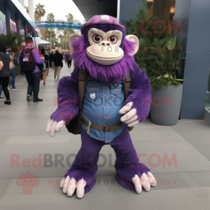 Purple Chimpanzee mascot costume character dressed with a Flare Jeans and Backpacks