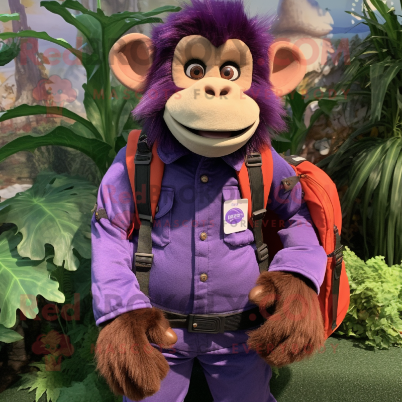 Purple Chimpanzee mascot costume character dressed with a Flare Jeans and Backpacks
