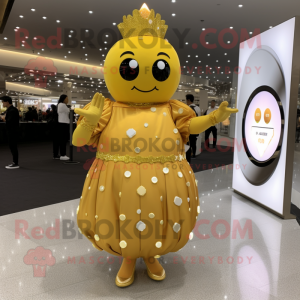 Gold Meatballs mascot costume character dressed with a A-Line Dress and Smartwatches