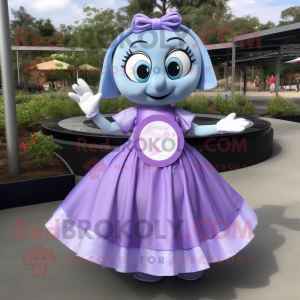 Lavender Plate Spinner mascot costume character dressed with a Wrap Skirt and Keychains