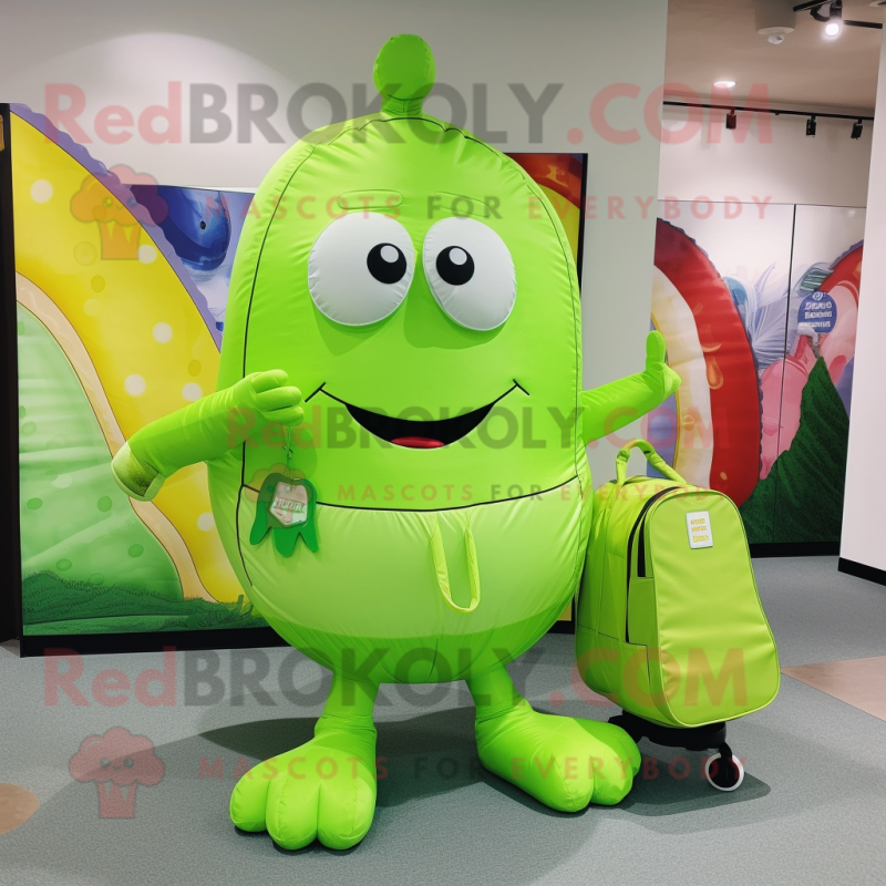 Lime Green Cucumber mascot costume character dressed with a One-Piece Swimsuit and Messenger bags